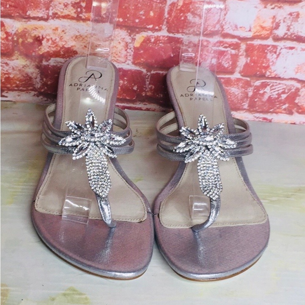Adrianna Papell Silver Metallic Jeweled T-Strap Heels - Picture 3 of 9